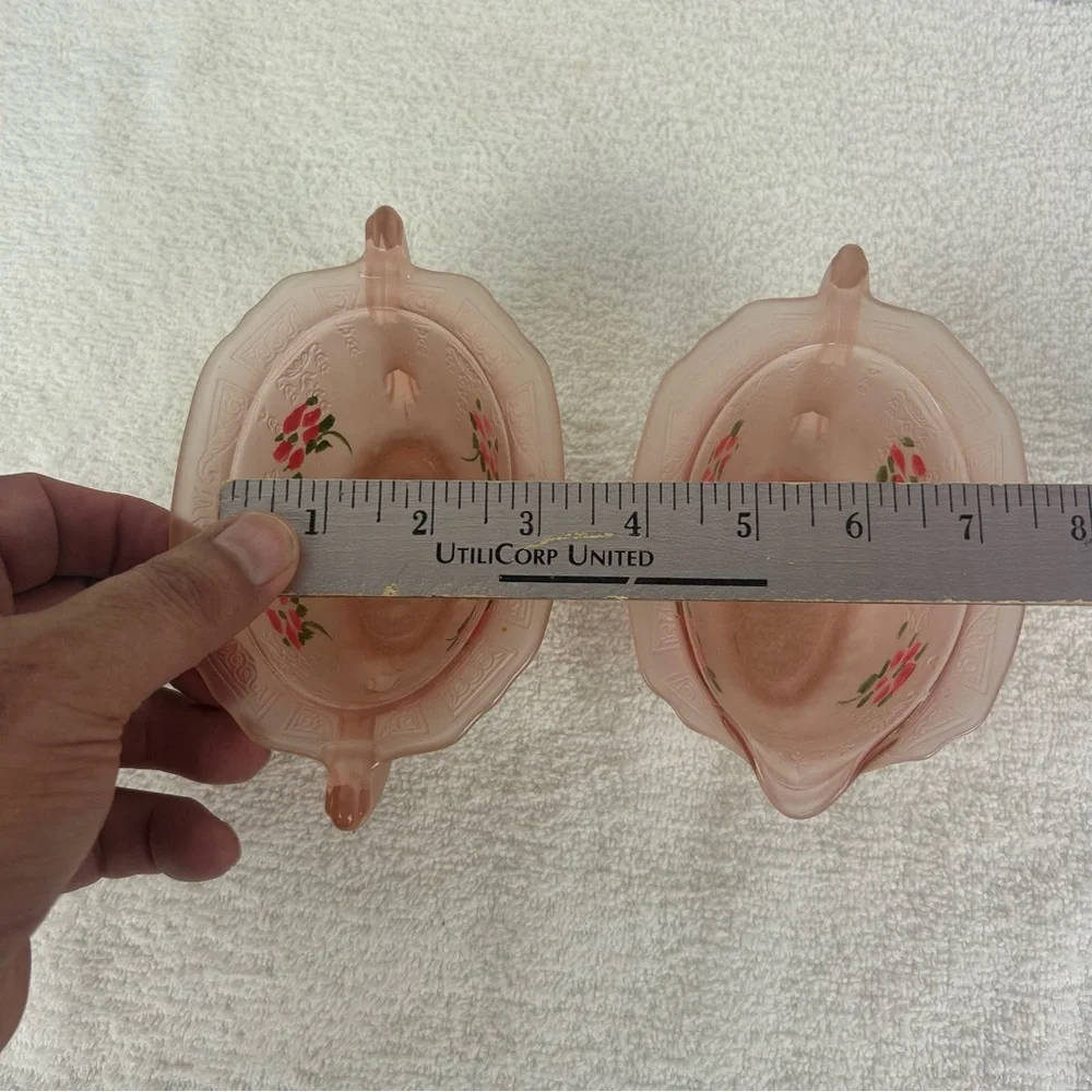 VTG Embossed Hand Painted Flower Pink Satin Glass Creamer Sugar Set of 2